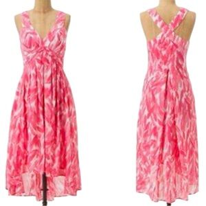 POSTAGE STAMP Anthropologie Pink & White Feather High Low Midi Dress w Slip